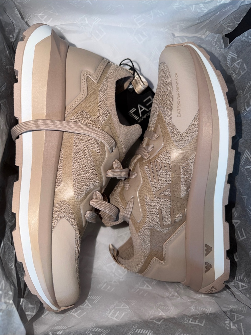 Emporio Armani Beige Knit Platform Sneaker with White Midsole Stripe